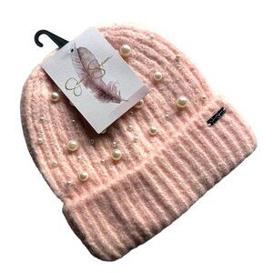 Jessica Simpson Womens Pearl Knit Cuffed Beanie Hat Pink Coquette Cottagecore